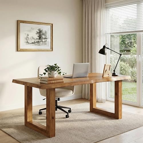 TRIBEWOOD Solid Wood Home Office Desk, 63" Live Edge Executive Desk | Pine Wood Computer Table Business Workstation for Office, Conference Room, Study Room, Solid and Steady, Easy Assembly, Brown