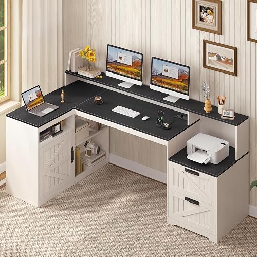 63" Farmhouse L Shaped Desk with Drawers and Printer Stand for Home Office | Computer Desk with Power Outlet, Home Office Desk with Storage Shelves and Monitor Stand, Black and White