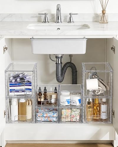 Vtopmart 8 Pack Clear Pull-Out Under Sink Organizer Set (4 Large & 4 Small) | Stackable Storage Drawers, Designed to Fit Bathroom & Kitchen, Under-Sink Organization