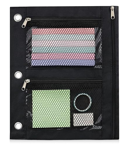 Large Pencil Pouch for 3 Ring Binder, Zipper Pockets Pen Case, 600D Oxford Fabric Large Capacity Pencil Case for Students Teachers Office, Back to School Supplies (Black)
