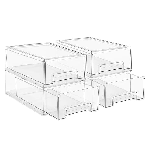 Sorbus Clear Stackable Storage Drawers for Refrigerator (Medium, 4 Pack) | Pull-out acrylic compartments with handles keep pantry and kitchen items accessible and chilled contents easy to view.