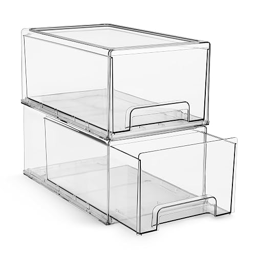 Sorbus Clear Storage Drawers for Refrigerator with Handles (Large, 2 Pack) | Pull-out plastic bins with easy access for pantries, refrigerators and kitchens; stackable slide organization.