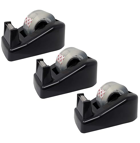 Clipco Premium Small Tape Dispenser with Tape Included (Pack of 3) | Weighted non-slip rubberized base, free-spinning removable core, sharp long-lasting blade; fits standard 3/4 in wide tape