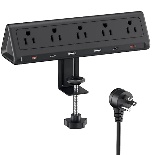 6.5 FT Desk Clamp Power Strip with 5 AC Outlets & 6 USB Ports PD 40W USB-C Fast Charging, Extension Cord with Multiple Outlets, Fits 2.1 in top Edge Black