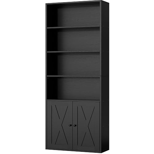 Shintenchi 6 Tier Bookshelf with Doors, Tall Standing Bookcase | Industrial Bookshelves Floor Standing 6 Shelf Display Storage Shelves 70.6 inches for Home Office, Living Room (Black)