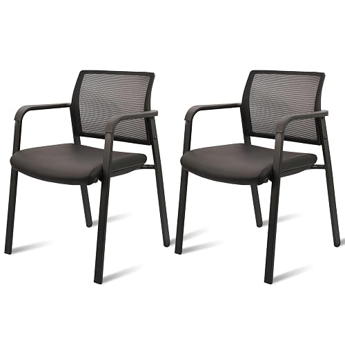 CLATINA Stackable Office Chair, Mesh Back Guest Chairs with Comfortable Leather Seat Arms Stacking Ergonomic Desk Chair No Wheels for Waiting Reception School Conference Stationary, Black, Set of 2