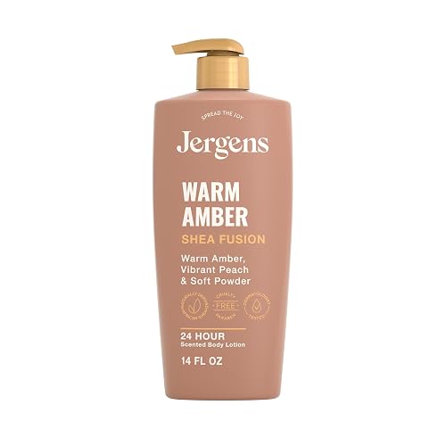 Jergens Shea Fusion Body Lotion, Warm Amber Scented, Dry Skin, 14 fl oz | Shea Butter & Vitamin E Moisturizer, 24-Hour Hydration, Warm Amber Fragrance, Dry Skin Relief, Women's Daily Lotion