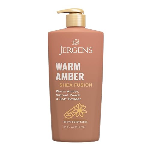 Jergens Shea Fusion Body Lotion, Warm Amber Scented, Dry Skin, 14 fl oz | Shea Butter & Vitamin E Moisturizer, 24-Hour Hydration, Warm Amber Fragrance, Dry Skin Relief, Women's Daily Lotion