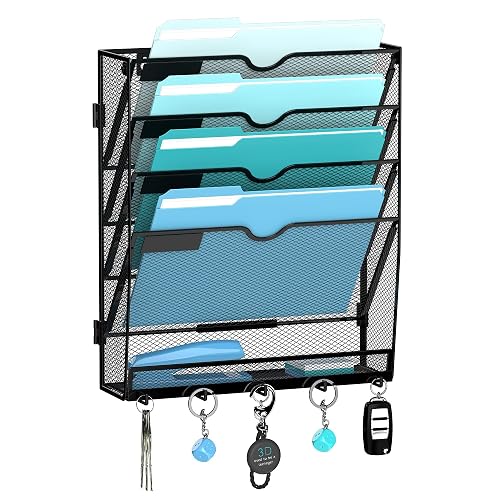 JMHUD 5-Tier Wall File Organizer and Mail Organizer with 5 Hooks, Black | Label slots, curved openings, 5 key hooks, and a bottom tray support organized mail, file, and everyday item storage.