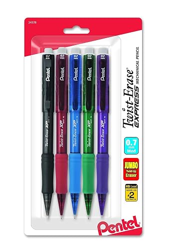 Pentel Twist-Erase Express Mechanical Pencil, (0.7mm), Medium Line, Assorted Fashion Colors, Pack of 5 (QE417FBP5M)