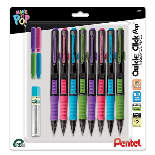 Pentel Quick Click POP Mechanical Pencil, (0.7mm), Includes Refill Lead and Erasers, Pack of 8 Pencils (PD217LEBP8)