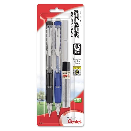 Pentel Twist-Erase Click Mechanical Pencil, (0.5mm), Assorted Barrels, 2 Eraser Refills and Lead, Color May Vary, Pack of 2 (PD275TLEBP2)