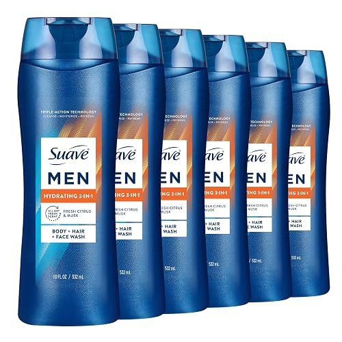Suave Men Hydrating 3-in-1 Body + Hair + Face Wash with Glycerin & Vitamin E, Cleanse, Moisturize, Refresh, No Parabens or Pthalatates, Long-Lasting Fragrance, 18 FL OZ, 6 Count