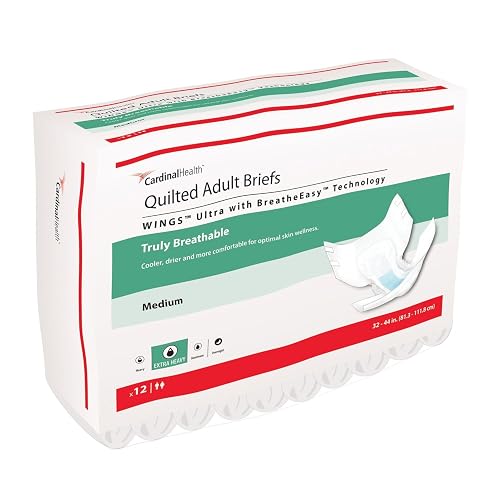 Cardinal Health™ Wings™ Ultra Quilted Briefs with BreatheEasy™ Technology, Extra Heavy Absorbency, Adult Disposable Briefs, Medium - Bag of 12