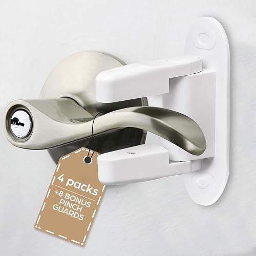 Door Lever Lock (4 Pack) Stop Toddler from Opening Doors - Easy to Open for Adults - Baby Child Toddlers Safety - No Tools Install - with 8 Bonus Pinch Guard