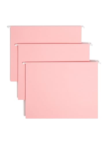 Smead Hanging File Folders with Tabs, Letter Size, Pink, 25 Count | Five tab positions stagger labels down the row, with replaceable inserts, so every pink folder stays easy to spot.