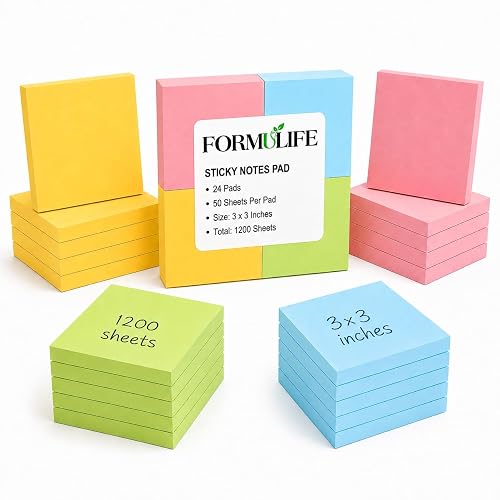 Formulife Sticky Notes 3x3 in, Pastel Colors, 24 Pads, 1200 Sheets | 50 Sheets per Pad, Square Self-Stick Note Pads for School Supplies, Office Supplies, Reminders, To Do Lists & Color Coding