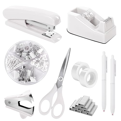 SKYDUE White Office Supplies Set, Desk Accessories, Stapler, Tape Dispenser, Scissors, Binder/Paper Clips and 1000pcs Staples, Office Decor for Women