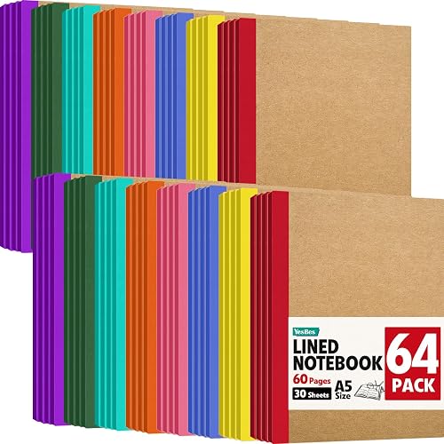 64 Pack A5 Kraft Notebooks Bulk, 8.3”x 5.5” Lined Notebook Journals with Color Strip, Composition Notebooks Journaling Notebooks for School Office Students Artists, 8 Colors 60 Pages