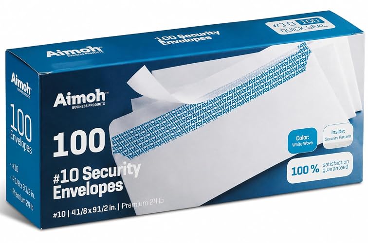 Aimoh #10 Security Mailing Envelopes Letter Size, Self Seal, 100 Count | No Window, EnveGuard Security Tint, White, 4⅛ x 9½ in, 24 lb paper