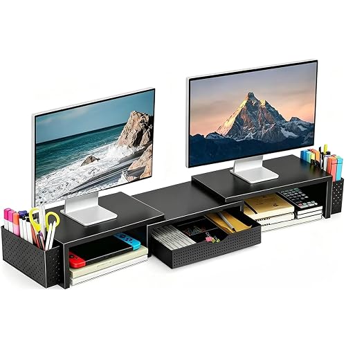 Spacrea Dual Monitor Stand Riser with Drawer and 2 Pen Holders | Monitor Riser Desk Organizers and Accessories,Desk Accessories & Workspace Desktop Organizers for Office Supplies (Black)