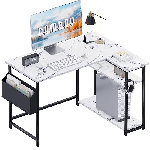 Pamray 40 Inch L Shaped Computer Desk with Reversible Side Storage Shelves, Small Corner Desk for Small Space Home Office, Writing Study Table PC Desk for Bedroom, Marble