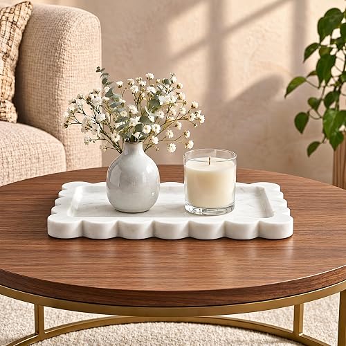 Swadeshi Blessings Handcrafted Decorative Marble Tray, Catch All, 11"x8" | 100% Natural Marble, Rectangle Scalloped Tray for Vanity, Home Decor, Living Room, Coffee&Dining Tables, Entryway, Gift-Ready
