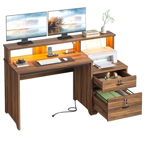 Bestier 55-Inch Computer Desk with Lock File Drawer & Charging Hub, Walnut | Lock File Drawer Letter/Legal/A4, Charging Hub 2 AC + USB-C, RGB LED, Printer Shelf, Monitor Stand, 100 lbs, P2 MDF