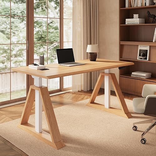 FLEXISPOT 60 x 30 Inch Oak Executive Standing Desk, Natural | Japandi-Inspired Sit-Stand Desk, Architectural V-Frame Design, Multi-Monitor Setups, Dual Motor & 220 LBS
