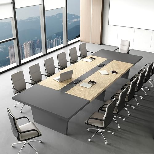 Huariifowm 12FT Conference Table for 10-12 People, Large Rectangular Boardroom Meeting Table with Built-in Power Outlets, USB-C Ports, 2" Thick Tabletop & Heavy-Duty Base, Oak + Gray