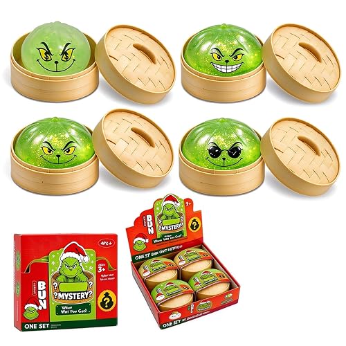 4 PCS Christmas Dumpling Squishy Mystery Box, 5.5 cm Dumplings Stress Balls Toy, Stocking Stuffers with Food Steamer Stretchy Desk Toys (A2)