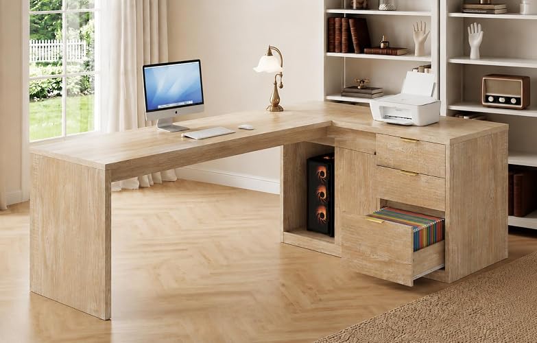 Homiflex 78.7" L-Shaped Executive Desk with Drawers and File Cabinet | Farmhouse Large Office Desk with Power Outlets & Sliding Door Storage, Corner Computer Desk for Home Office Gaming, Natural