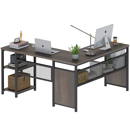 FATORRI L Shaped Desk, Industrial Reversible Home Office Computer Desk with Wood Shelves, Corner Desks with Metal Legs (Walnut Brown, 59 Inch)