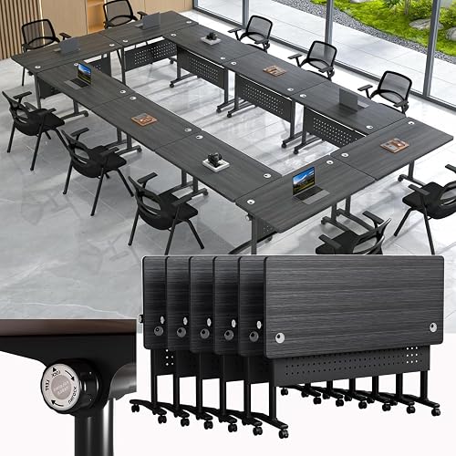 Folding Conference Room Tables with Wheels, Modular Conference Table Foldable Mobile Office Training Tables, Seminar Rolling Flip Top Nesting Meeting Table Space-saving for Classroom, Black 6Pack