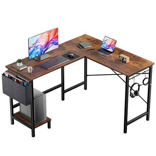 DUMOS L Shaped Computer Desk with PC Stand, Corner Workstation, Brown | 50 Inch Reversible Gaming Desk with Storage Bag and Side Hook for Home Office, Sturdy Metal Frame