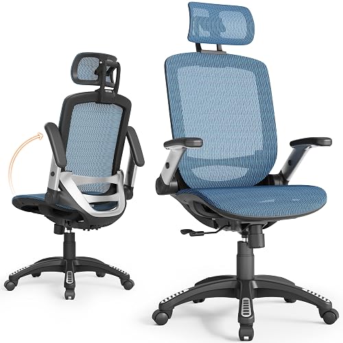 GABRYLLY Ergonomic Office Chair, High Back Home Desk Chair with 2D Flip-Up Arms, 3D Headrest, 90-120° Tilt and Wide Cushion, Big and Tall Mesh Chairs for Man Woman, Blue Computer Task Chair