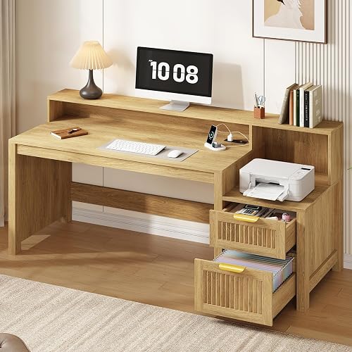 63" Fluted Computer Desk with Drawers & Printer Stand for Home Office | Wood Executive Desk with File Drawer & Storage Shelves, Home Office Desk with Power Outlets and Monitor Stand, Oak