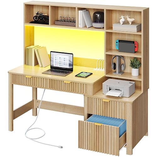 YITAHOME Computer Desk with Hutch and Drawers | 55" Office Desk with Storage Shelves and Printer Stand, Gaming Desk with Power Outlets & LED Lights, Fluted Sturdy Writing