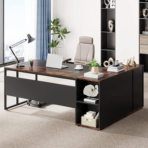 Tribesigns 71 inch Executive Desk, L Shaped Desk with Cabinet Storage | Executive Office Desk with Storage Shelves, Large Computer Desk, Business Furniture Workstation for Home Office, Rustic Brown