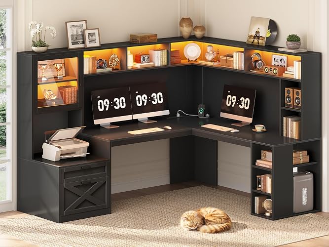SEDETA 68" Farmhouse L Shaped Computer Desk with Hutch, Storage Drawers | L Shaped Corner Gaming Desk with LED Lights, Shelves, Display Cabinet, Power Outlet for Home Office, Black