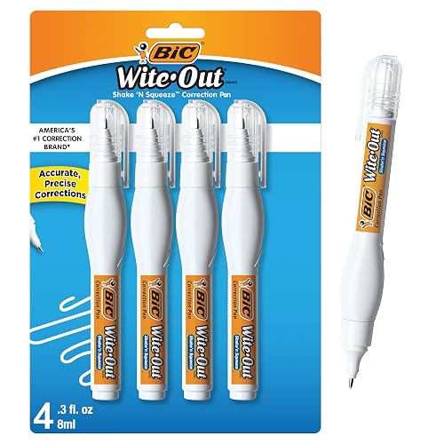 BIC Wite-Out Brand Shake n Squeeze Correction Pen, 8 ML, 4-Count | Fast and Precise Coverage | Needle-Point Tip for Accurate Application | Dries Quickly for Immediate Writing