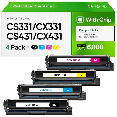 20N10 Toner Cartridge 4 Color Set Replacement for Lexmark 20N10K0 20N10C0 20N10M0 20N10Y0 with New Chip, Compatible with CS331dw CX331adwe CS431dw CX431adw Printers Ink 1500 Pages High Yield (4-Pack)