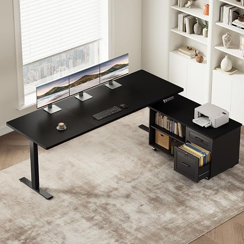 OffiGo 63 Inch L Shaped Electric Standing Desk with Cabinet Sets, Black | Mobile Drawers & File Cabinet Sets for Flexible Layout, Height Adjustable Executive Stand Up Desk for Home Office Workstation