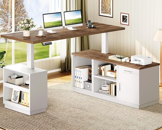 RALGEND 63'' L Shaped Electric Standing Desk with Storage for Home Office | Height Adjustable Executive Desk with Drawer, Farmhouse L Shaped Desk with Cabinet, Corner Computer Desk with Power Outlet