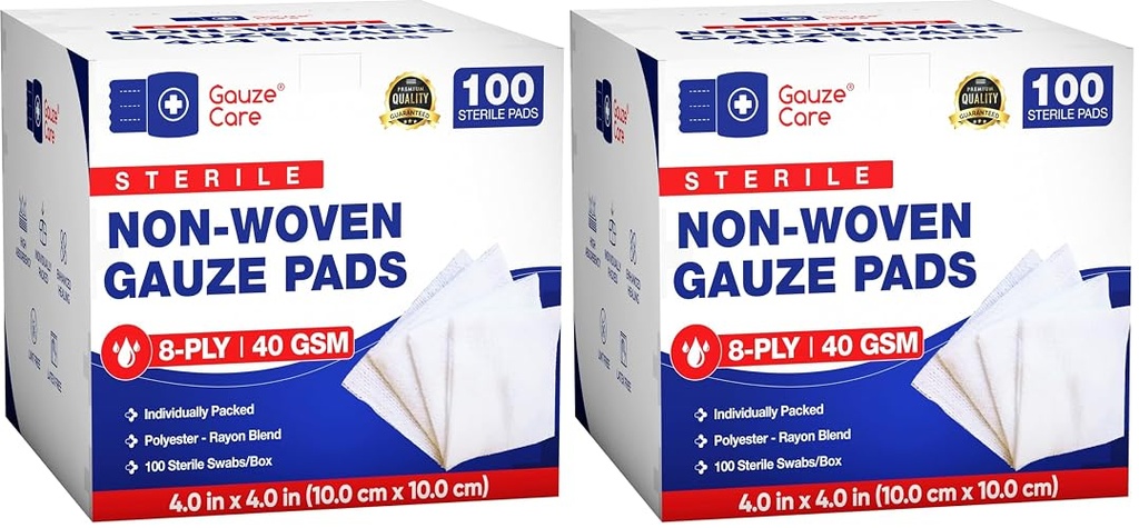 Gauze Care Non-Woven Sterile Gauze Pads 4x4, Pack of 200, 8-Ply, Soft, Lint-Free, Individually Wrapped, Sterile, Absorbent, Breathable, Perfect for Wound Care
