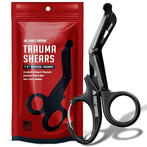 EVERLIT Trauma Shears Black Titanium Coated Non-Stick Blades Stainless Steel Bandage Medical Scissors with Oxygen Tank Wrench (7.5" Fullsize, 1 Pair)