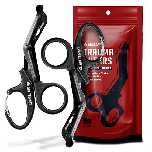 EVERLIT Trauma Shears Black Titanium Coated Non-Stick Blades Stainless Steel Bandage Medical Scissors with Oxygen Tank Wrench (7.5" Fullsize, 2 Pairs)