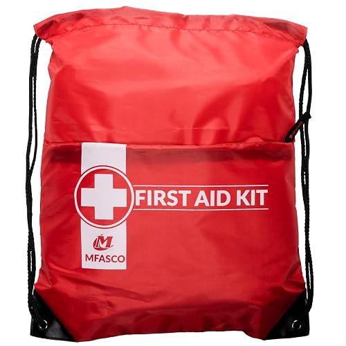 MFASCO Empty First Aid Kit Backpack With Zip Pocket Red | Compact Backpack Stores Easily in Vehicles, Dorms or Offices for Everyday Preparedness, Lightweight With Drawstring Design