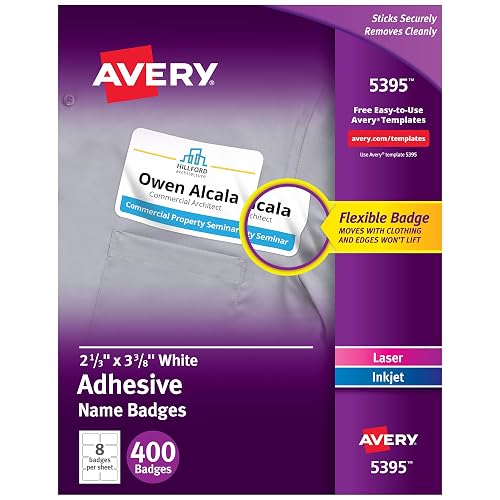 Avery® Flexible Printable Name Tags, 2-1/3" x 3-3/8", Matte White, 400 Removable Name Badges for Laser and Inkjet Printers (5395)