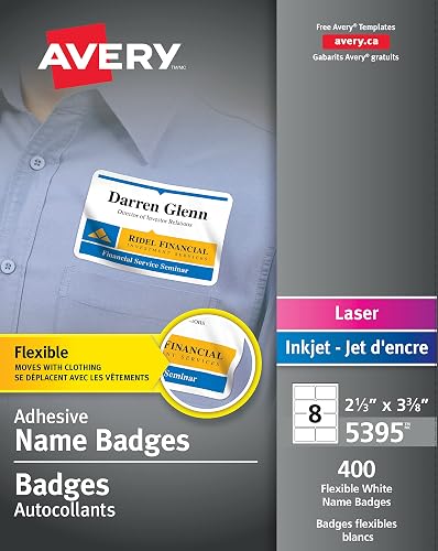 Avery Flexible Name Badges for Laser and Inkjet Printers, 3-3/8" x 2-1/3", Matte White, Rectangle, 400 Pack (5395)